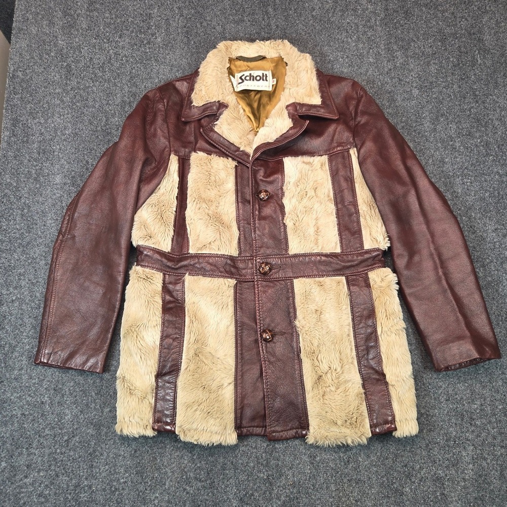 Schott Sportswear Leather Faux Fur Paneled Jacket Womens 44 Brown Vintage